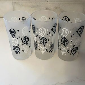 Set 3 Vintage Black & White on Frosted Glass Highball Cocktail Rocks Glasses MCM